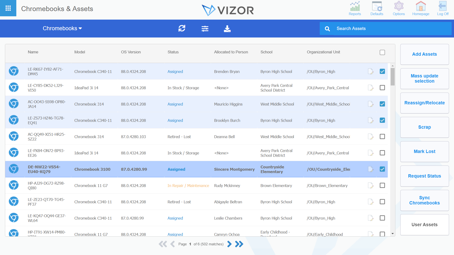 screenshot of VIZOR IT Asset Management for Schools